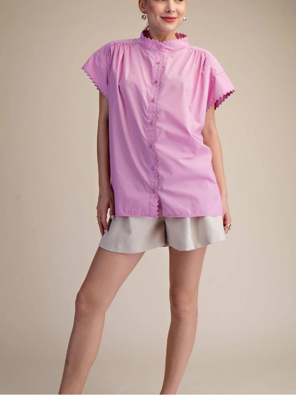 Glam Boutique Ric Rac Trim Oversized Button-Front Shirt Top Pink Large NWT XL